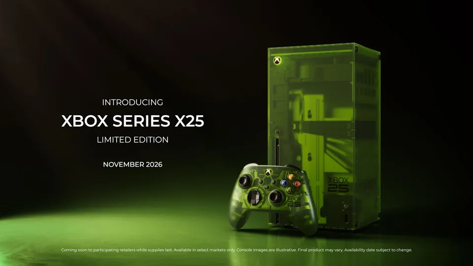 The translucent green Xbox Series X25 Limited Edition with its X25 Special Edition controller in front, next to the words Introducing Xbox Series X25