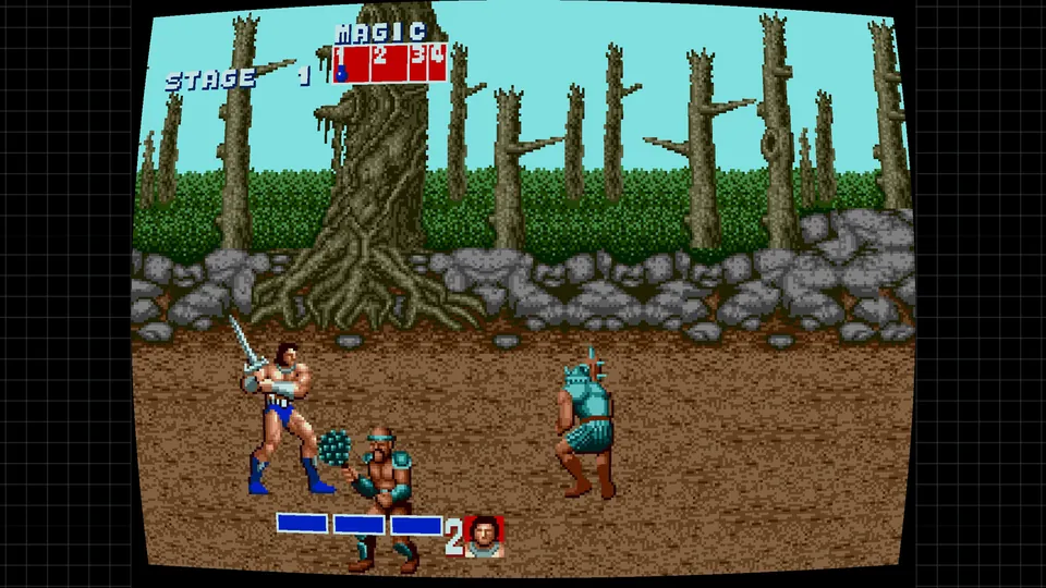A warrior with a sword fights two soldiers in a dead forest in the first stage of Golden Axe