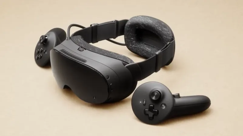 Steam Frame headset and controllers on a beige surface
