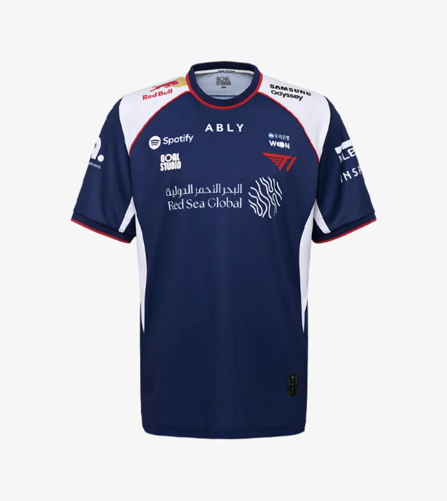 The front of T1's navy 2026 International Jersey with white shoulder panels, red trim and sponsor logos