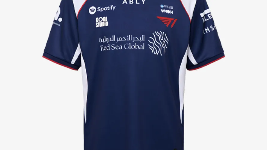 The front of T1's navy 2026 International Jersey with white shoulder panels, red trim and sponsor logos