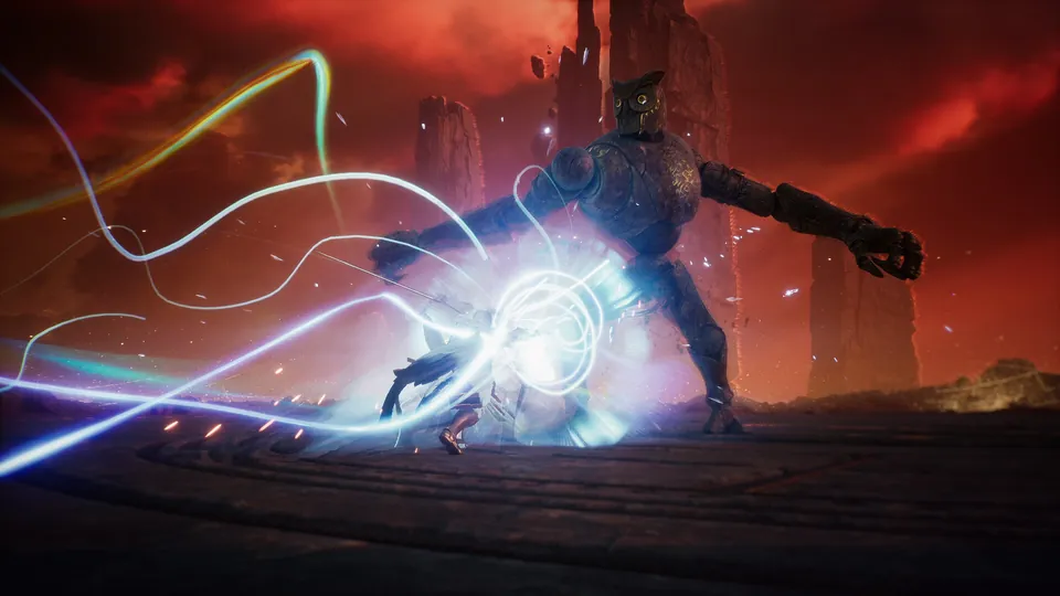 AION 2 player firing swirling beams of light at a giant stone golem under a red sky