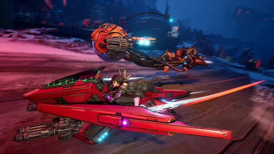 A Vault Hunter speeds across Kairos on a red hover vehicle in Borderlands 4