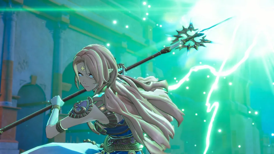 A long-haired fighter swings a spear amid green lightning