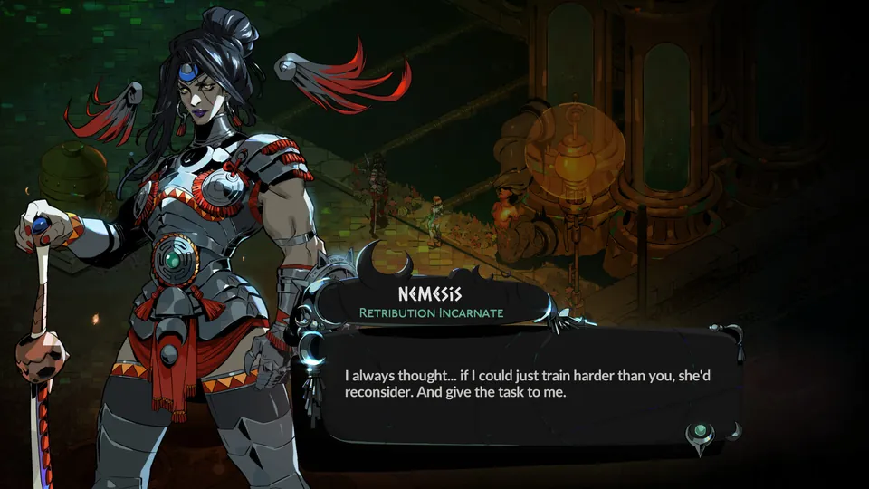 Nemesis, an armored warrior holding a sword, speaks in a dialogue box in Hades II