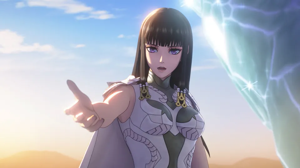 A woman in a white robe points ahead under a bright sky