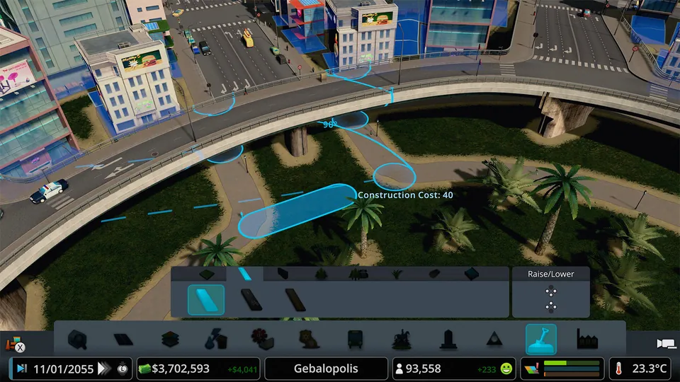 A footpath is placed under a curved overpass with a 90 degree angle guide and a construction cost readout in Cities: Skylines Expanded Edition