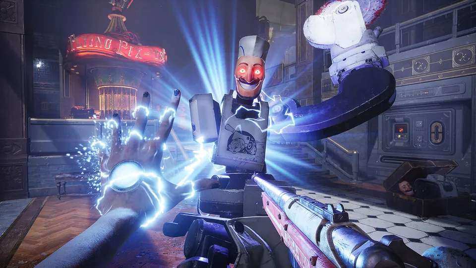 The player blasts a grinning robot with electricity from one hand while holding a gun in Judas
