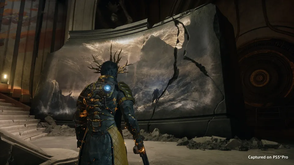 Arjun wearing the Crown in front of a huge carved stone slab in the Eclipse Layers of Saros