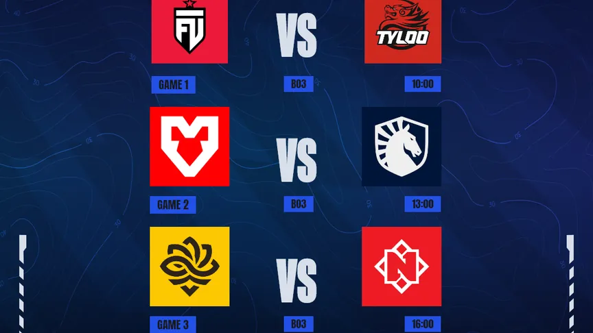 PGL's Stream B schedule for Group Stage Day 1 of PGL Masters Bucharest 2026, with FUT Esports vs. TYLOO at 10:00 and FURIA vs. DENDELE at 19:00