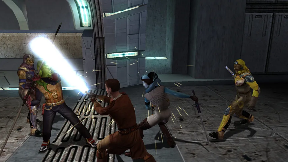 A lightsaber fight in a metal corridor in Star Wars: Knights of the Old Republic