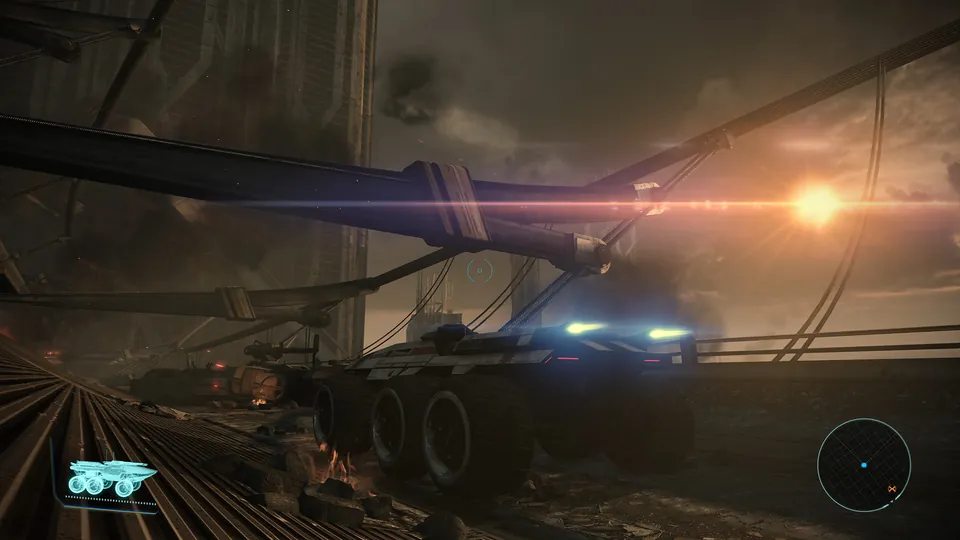 The six-wheeled Mako tank drives across a rocky planet at dusk in Mass Effect Legendary Edition