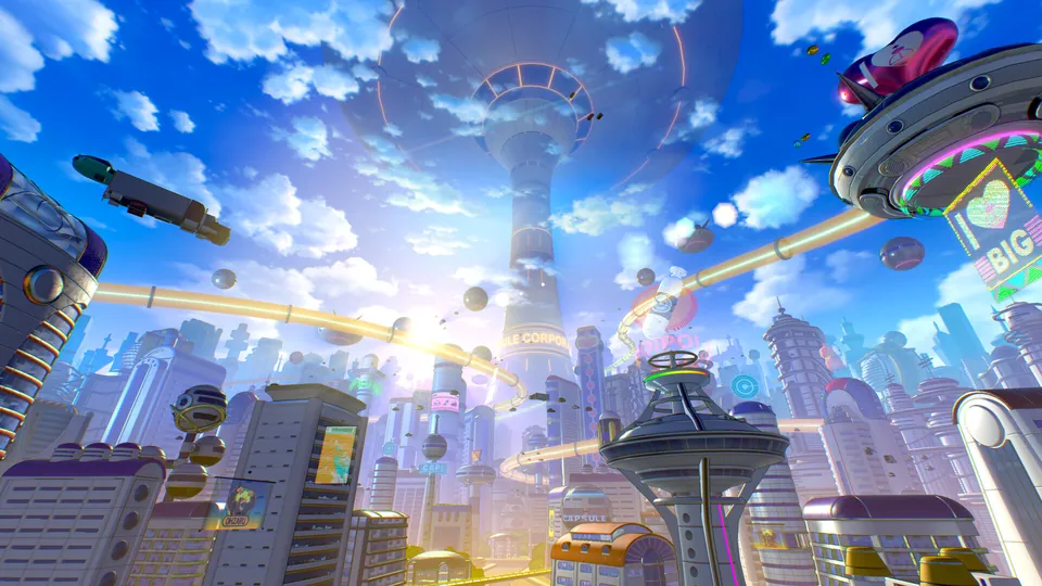 The futuristic skyline of West City in AGE 1000, with towers, flying cars and floating domes