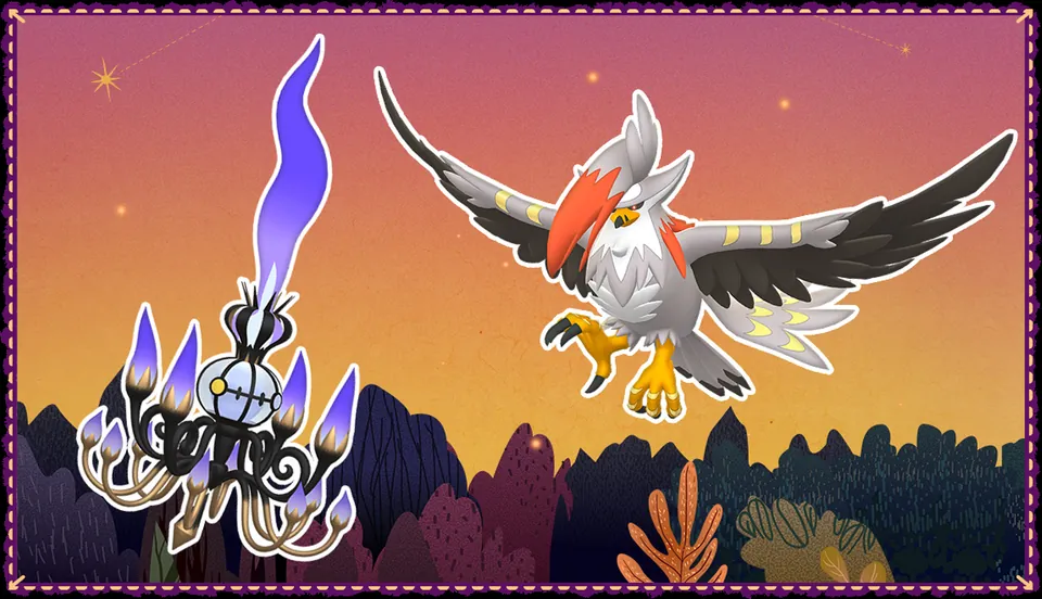 Chandelure and Braviary against an orange twilight sky in Pokémon GO's Twilight Trails art