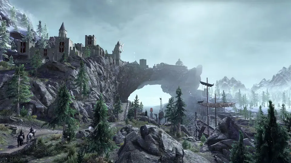 Western Skyrim in The Elder Scrolls Online: a castle on a stone arch above a snowy pine forest, with two riders on a path