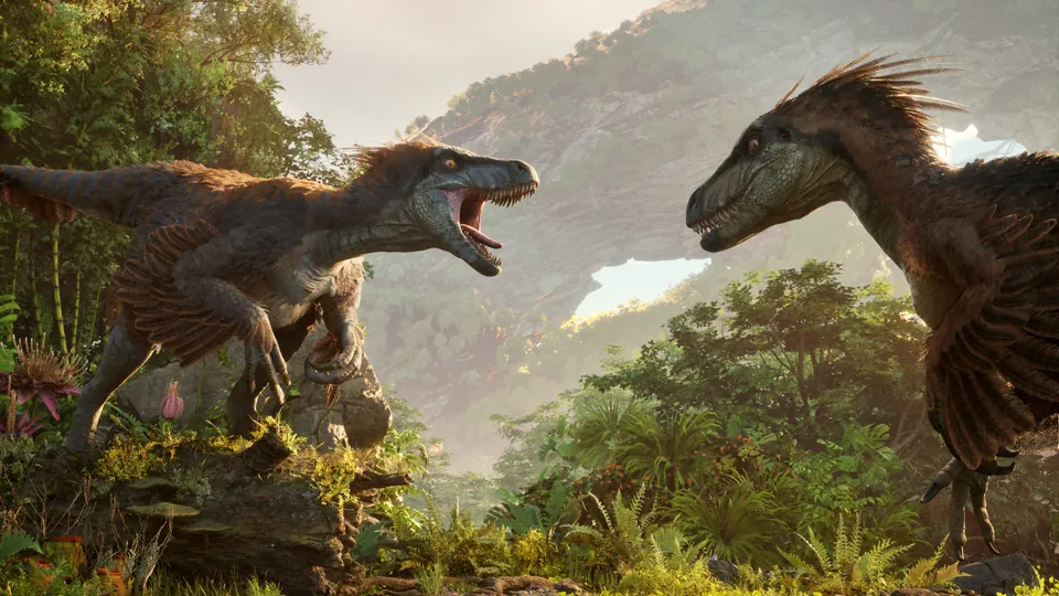 Two feathered raptors face off in a sunlit jungle in ARK 2