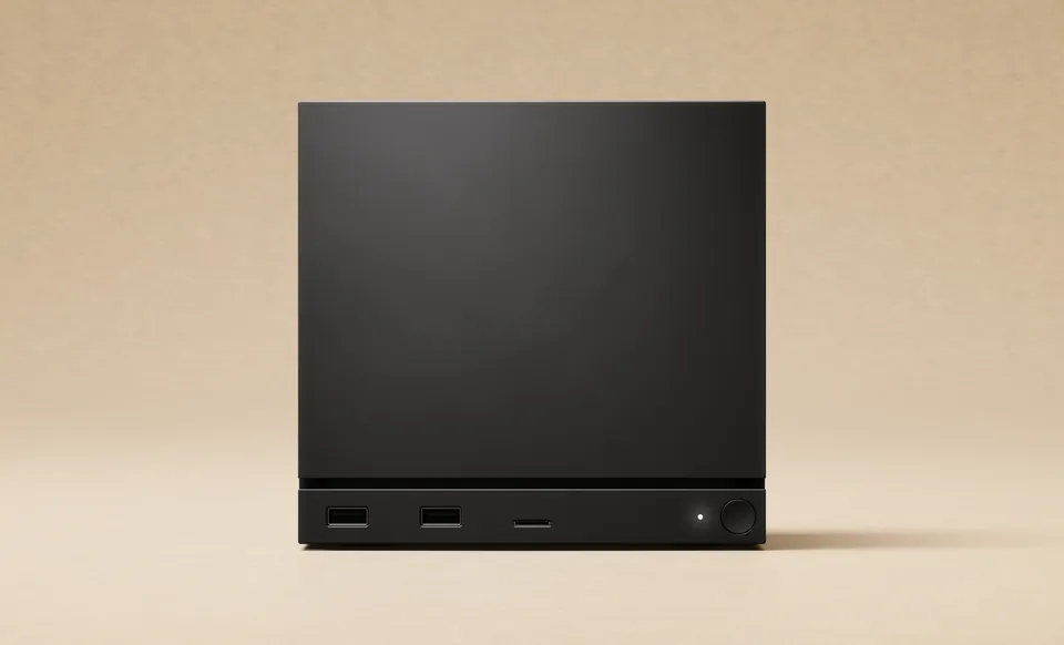 Front view of the black Steam Machine on a beige background