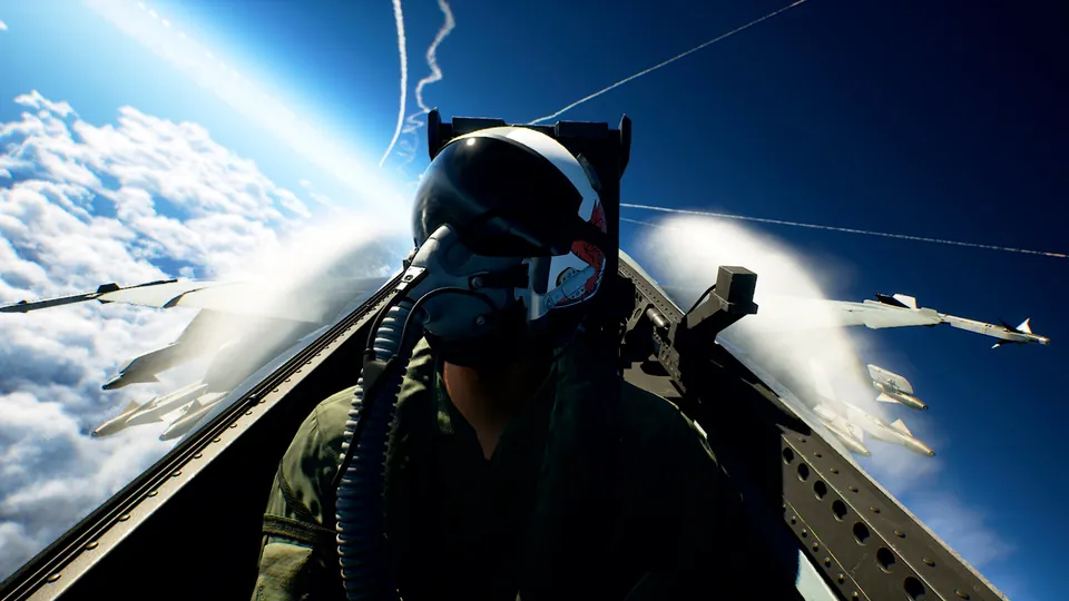 A pilot in a helmet and oxygen mask sits in the cockpit as contrails streak across the sky above the clouds in Ace Combat 8