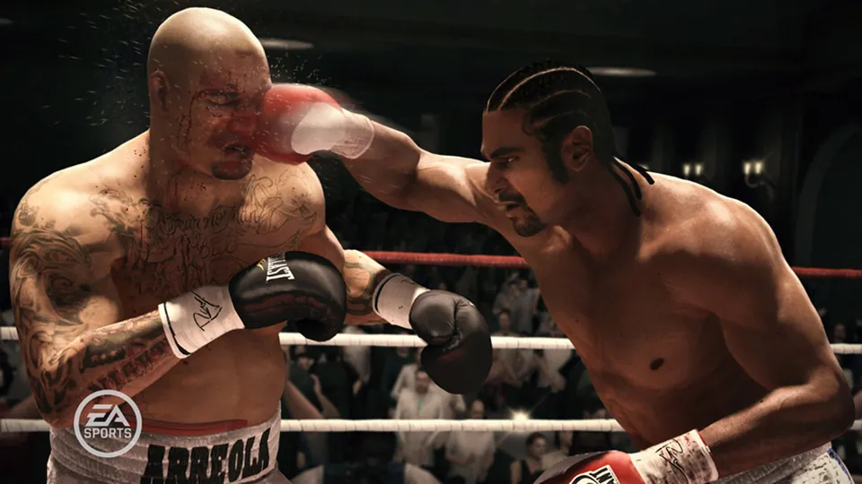 A boxer lands a right hand on a tattooed heavyweight in trunks lettered Arreola during a Fight Night Champion bout