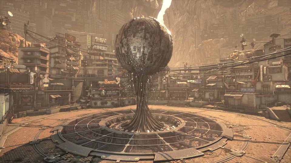 A huge dark sphere on twisted metal roots stands in the circular plaza of a desert city
