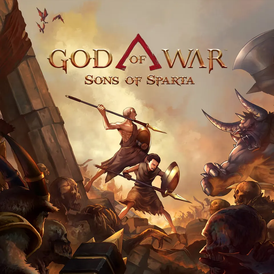 God of War Sons of Sparta artwork: two young Spartans with spears and shields charge at monsters