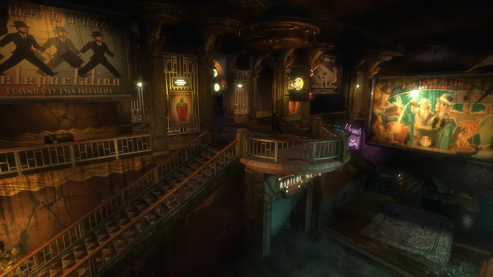 A dark hall in Rapture lined with old posters and neon signs in BioShock Remastered
