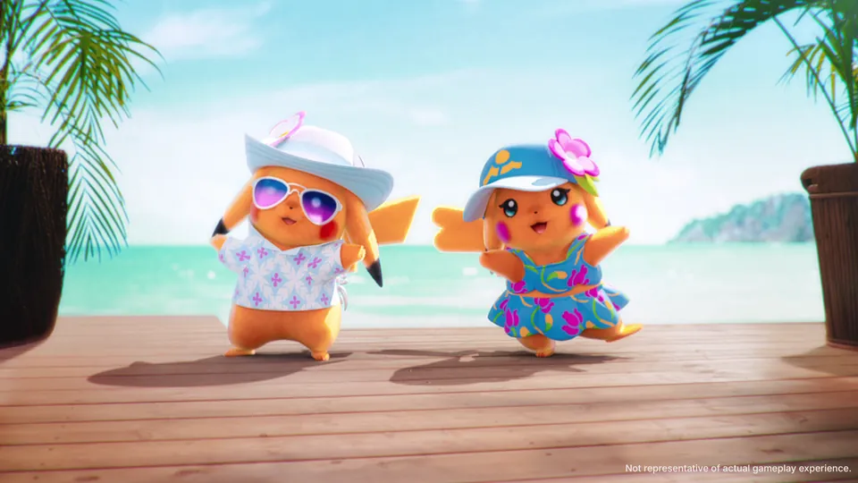 Mr. Windychu and Ms. Wavychu, two Pikachu in summer outfits, on a wooden deck by the beach