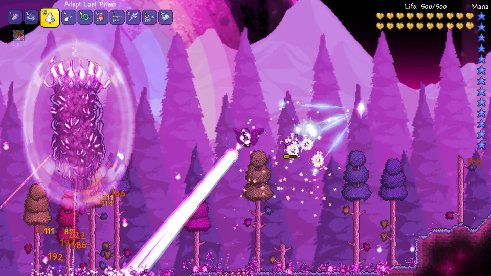 A player fires a bright laser at a giant pink crystal creature in a glowing pink forest in Terraria