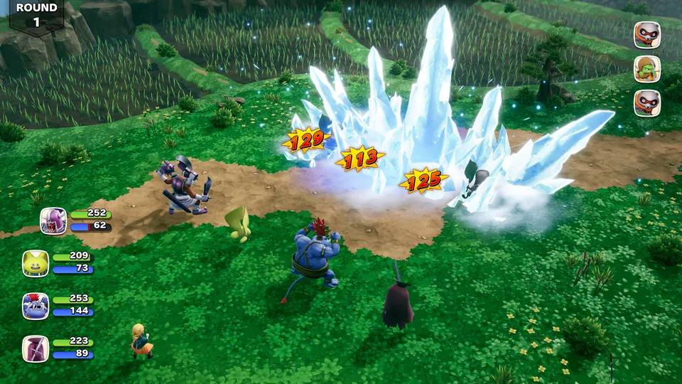 A monster party unleashes a burst of giant ice crystals on enemies in a grassy battle in Dragon Quest Monsters: The Withered World