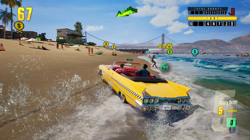 A yellow taxi splashes through the surf on a sunny beach with a red suspension bridge in the distance