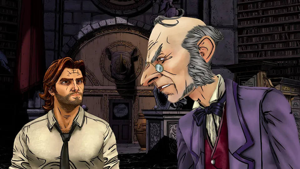 Bigby Wolf, in a white shirt and loose tie, faces Ichabod Crane, who wears glasses and a purple coat, in an office