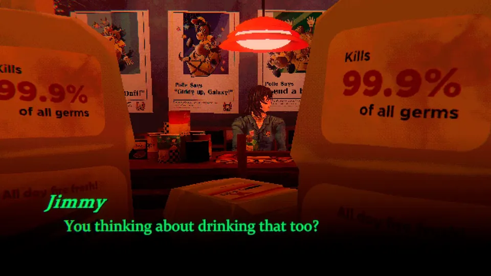 A crew member sits at a table, framed by two giant mouthwash bottles reading Kills 99.9% of all germs, in Mouthwashing