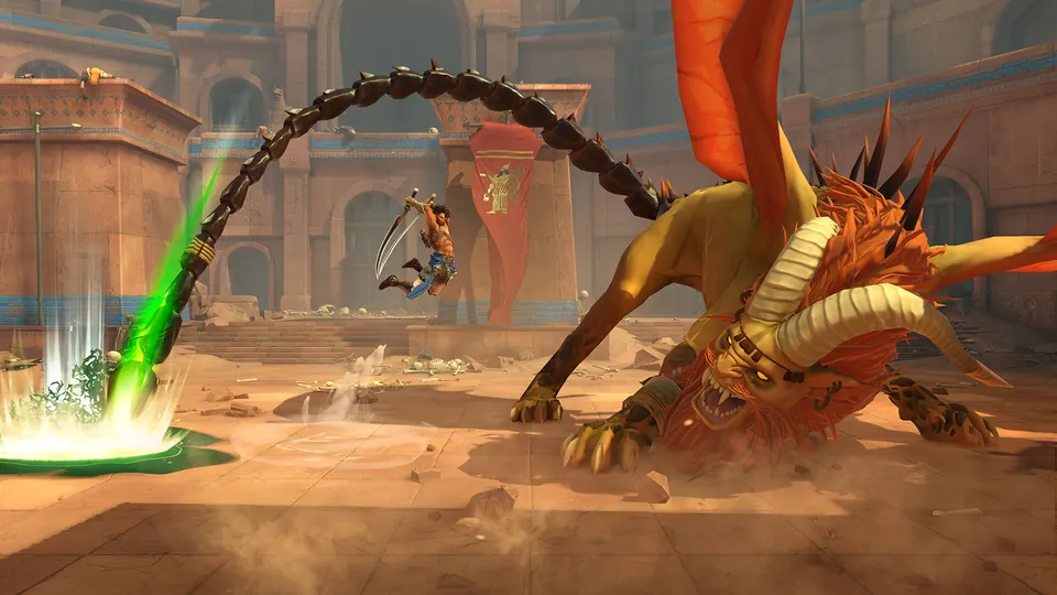 Sargon leaps over a giant winged beast in a sunlit courtyard in Prince of Persia: The Lost Crown