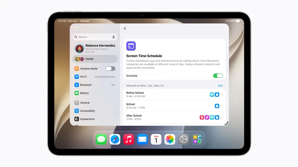 Screen Time schedule settings for a child account on an iPad running iPadOS 27