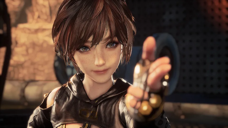 Lily, with short brown hair, holds up a small device in Stellar Blade
