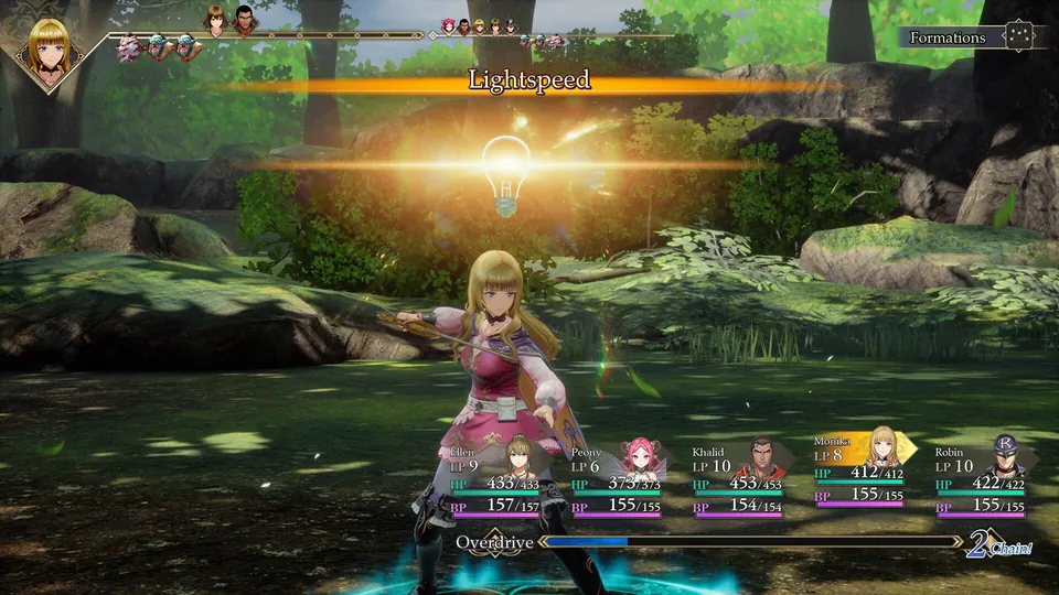 Monika learns the Lightspeed technique, marked by a glowing light bulb, in a forest battle in Romancing SaGa 3: Destinies United