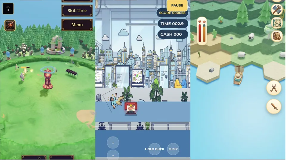 Three Roblox game screens side by side: a fantasy world with a skill tree menu, a city level with a score counter and a hexagon tile map