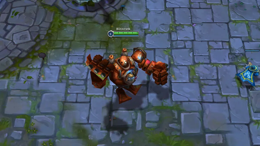 Blitzcrank walks down a lane on the classic Summoner's Rift map in League Classic