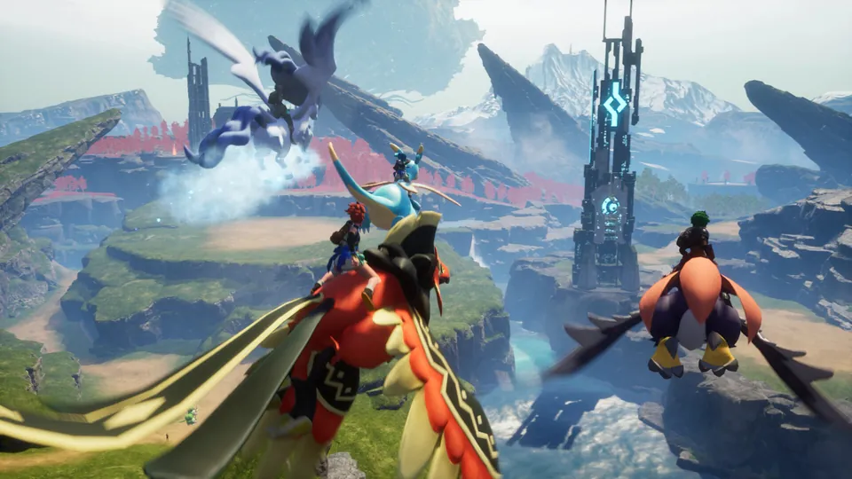 Players fly on winged Pals past a tall tower above green cliffs in Palworld
