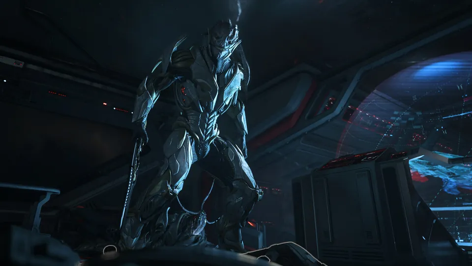 A tall armored Vanduul alien stands inside a dark spaceship in Squadron 42