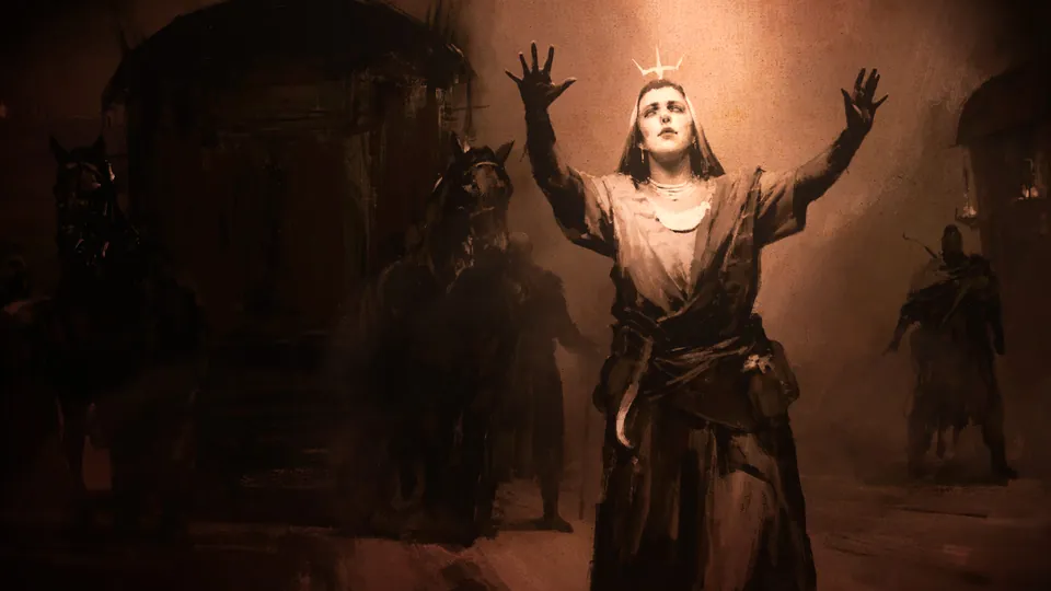 A robed figure raises both arms before a crowd of hooded followers in a dim hall in Diablo V