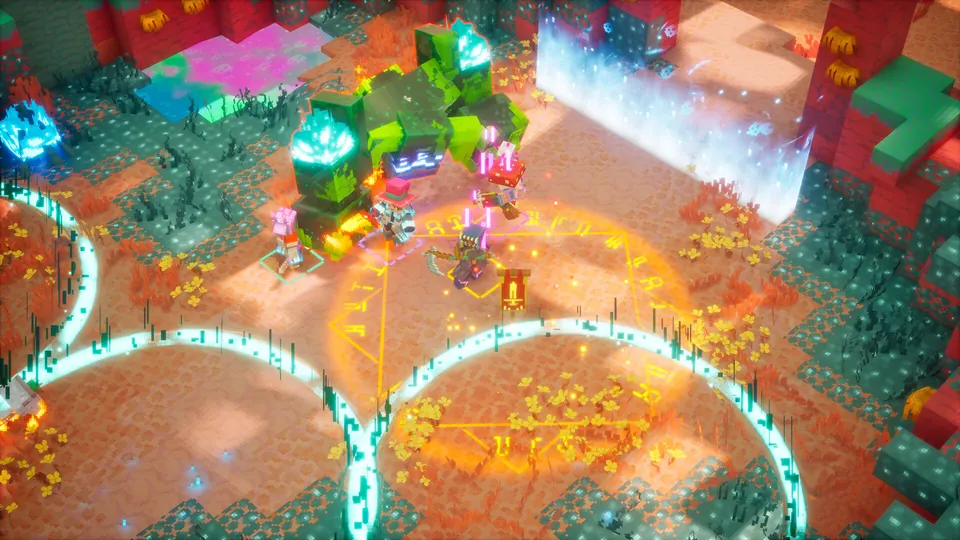 A group of heroes fights a large green mob inside glowing rings in a colorful area of Minecraft Dungeons II