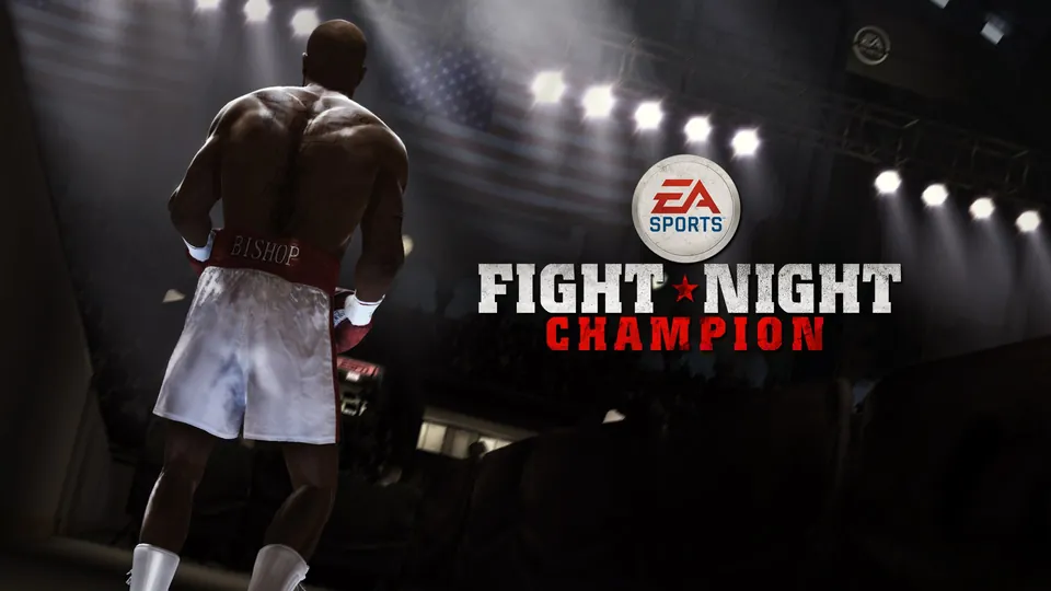 Fight Night Champion key art with boxer Andre Bishop walking into a lit ring next to the EA Sports Fight Night Champion logo