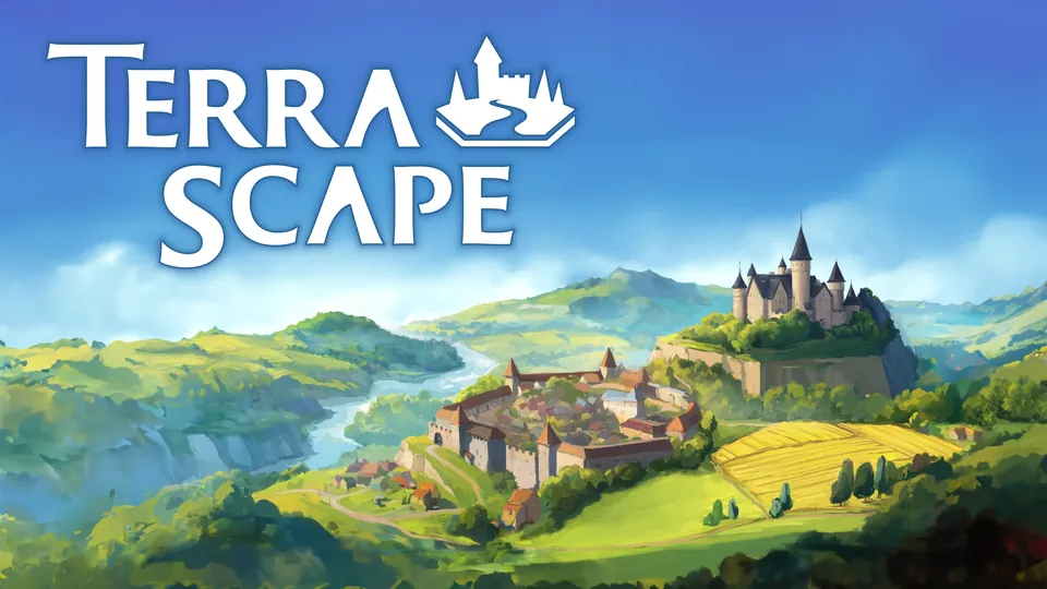 TerraScape key art: a hilltop castle above green valleys and a river, with the game logo
