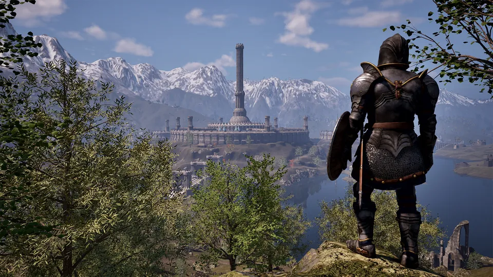 A knight in dark plate armor with a shield stands on a hill looking toward the Imperial City and snowy mountains