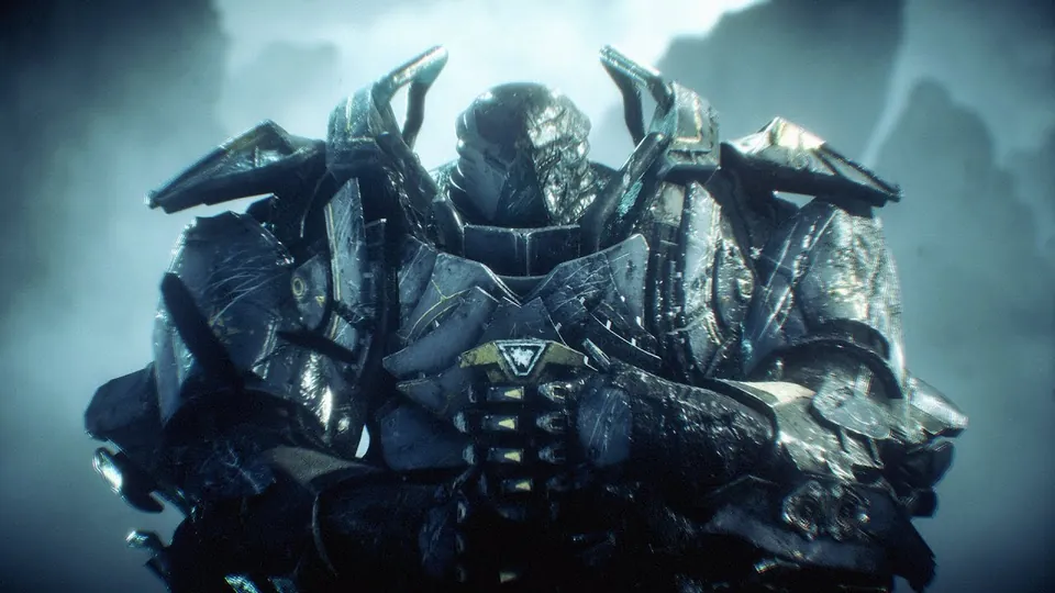 A dark armored figure with spiked shoulders stands in fog in the Anthem Legion of Dawn trailer