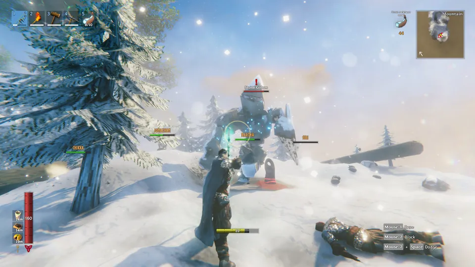 A Viking with a bow facing a Stone Golem on a snowy mountainside as another Viking lies in the snow