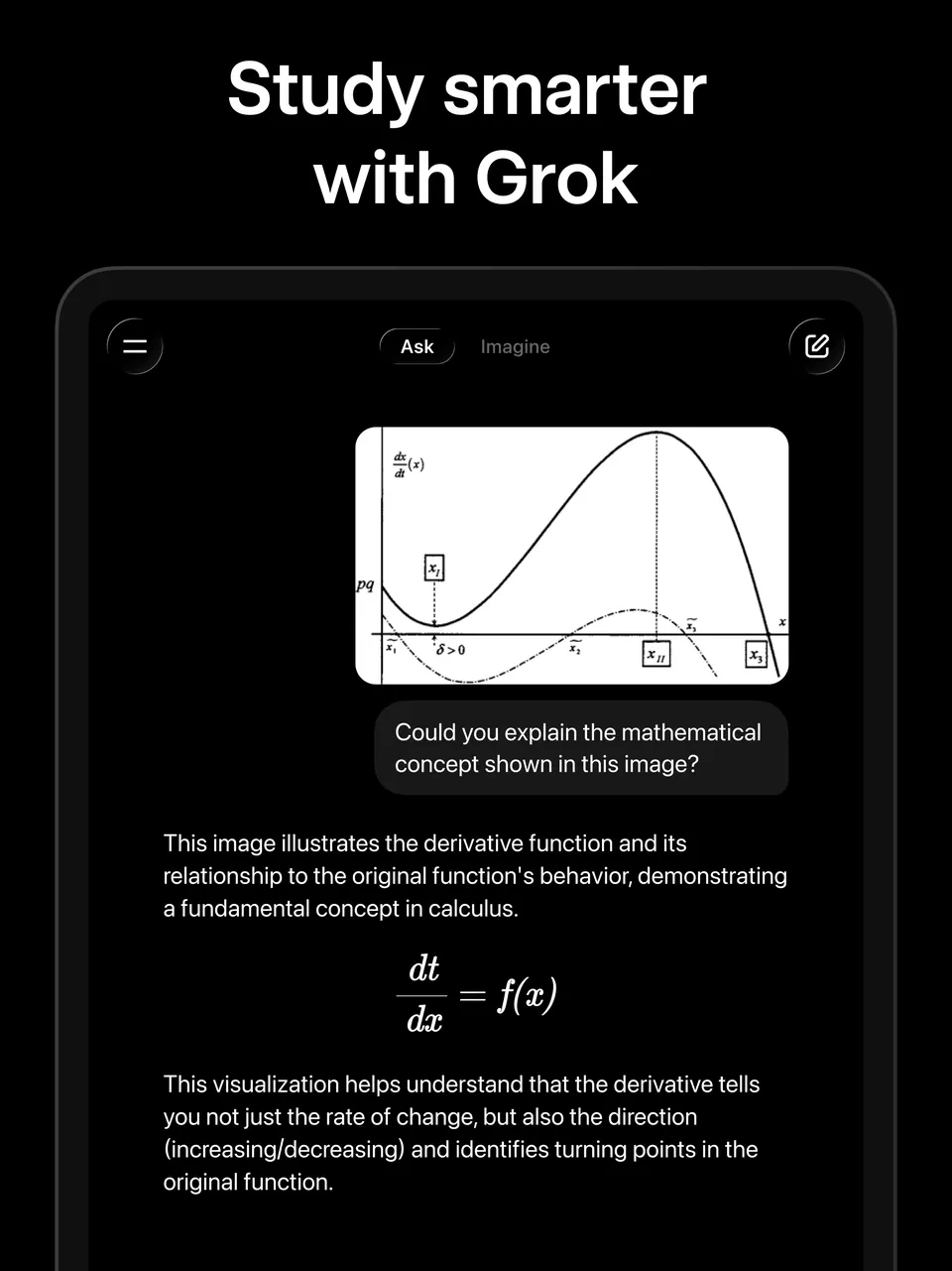The Grok app on iPad explaining a derivative from a photo of a graph