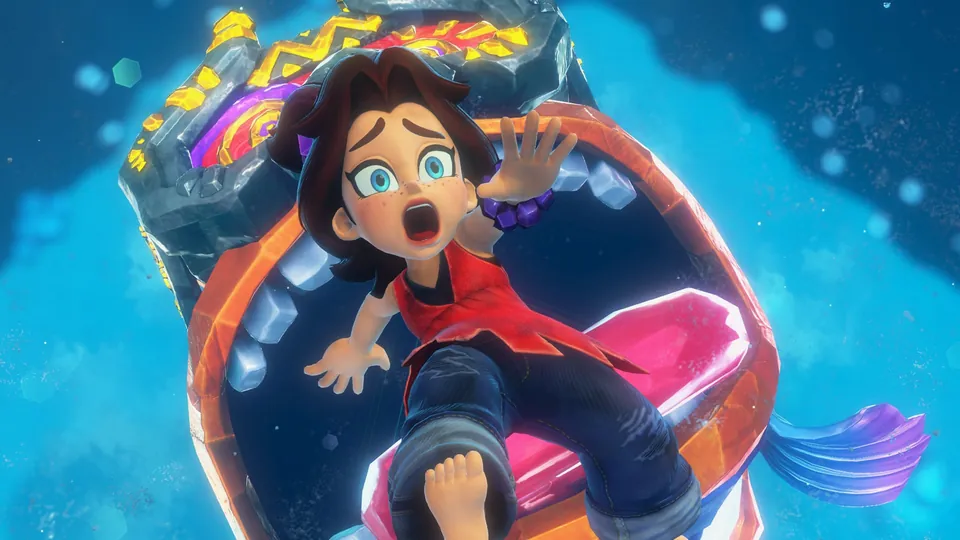 Pauline shouts in surprise inside a jeweled vehicle in Donkey Kong Bananza on Switch 2