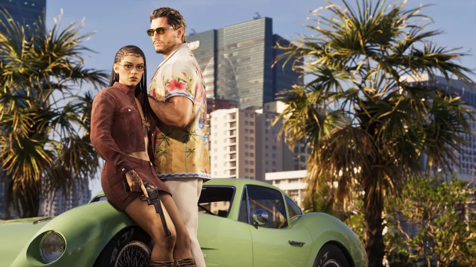 Two characters lean on a vintage green sports car under palm trees in Vice City — Ultimate Edition artwork